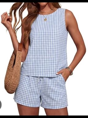 Lomon 2-Piece Gingham Style Tank Top and Shorts Set in Light Blue - Size M